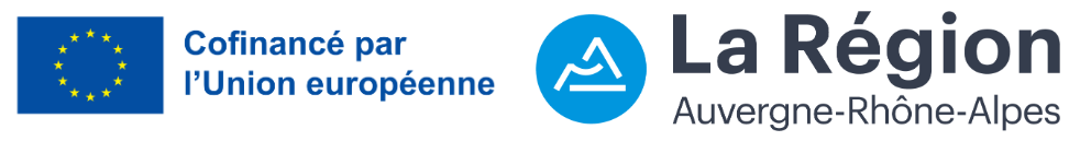 Logos du cofinancement par l'Union Européenne en Région Auvergne-Rhône-Alpes par le FEDER pour la période 2021 à 2028